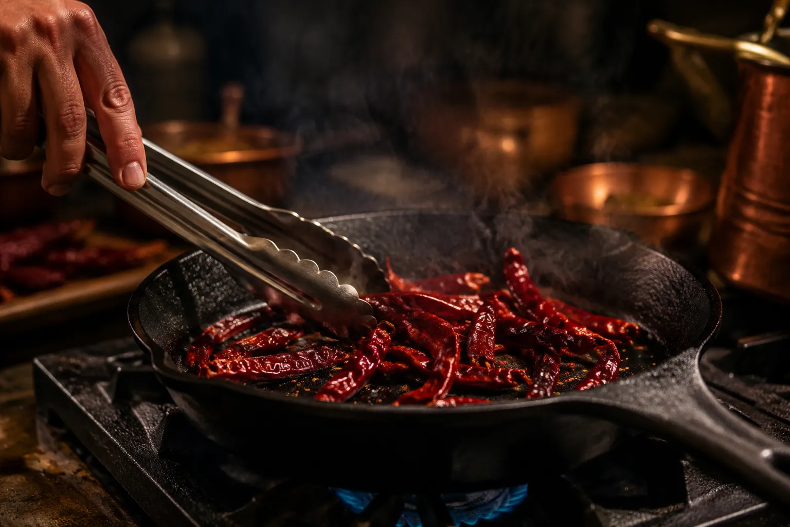 Toasting dried chilies in a skillet for homemade harissa sauce