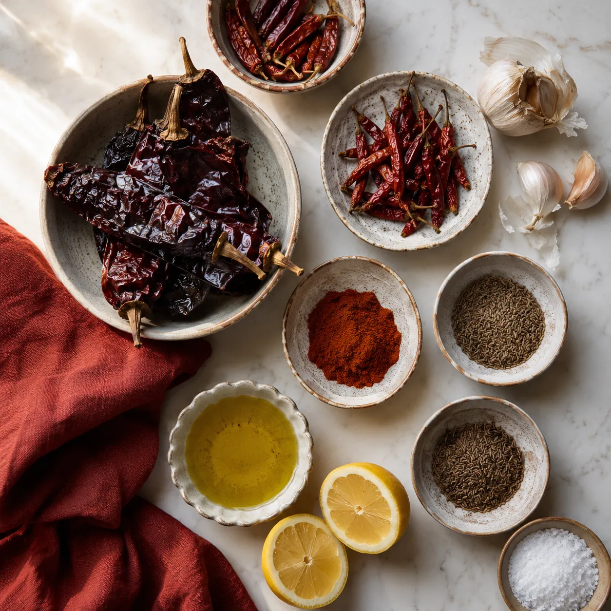 Harissa paste recipe ingredients flatlay with dried chilies and spices
