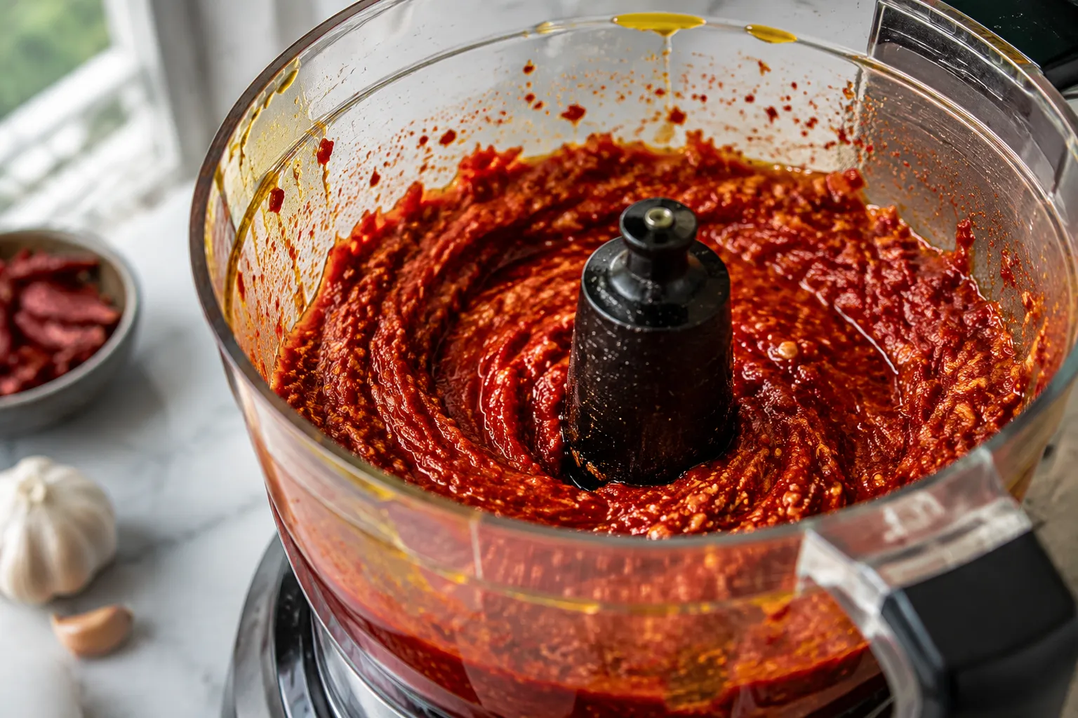 Blending harissa paste recipe in a food processor