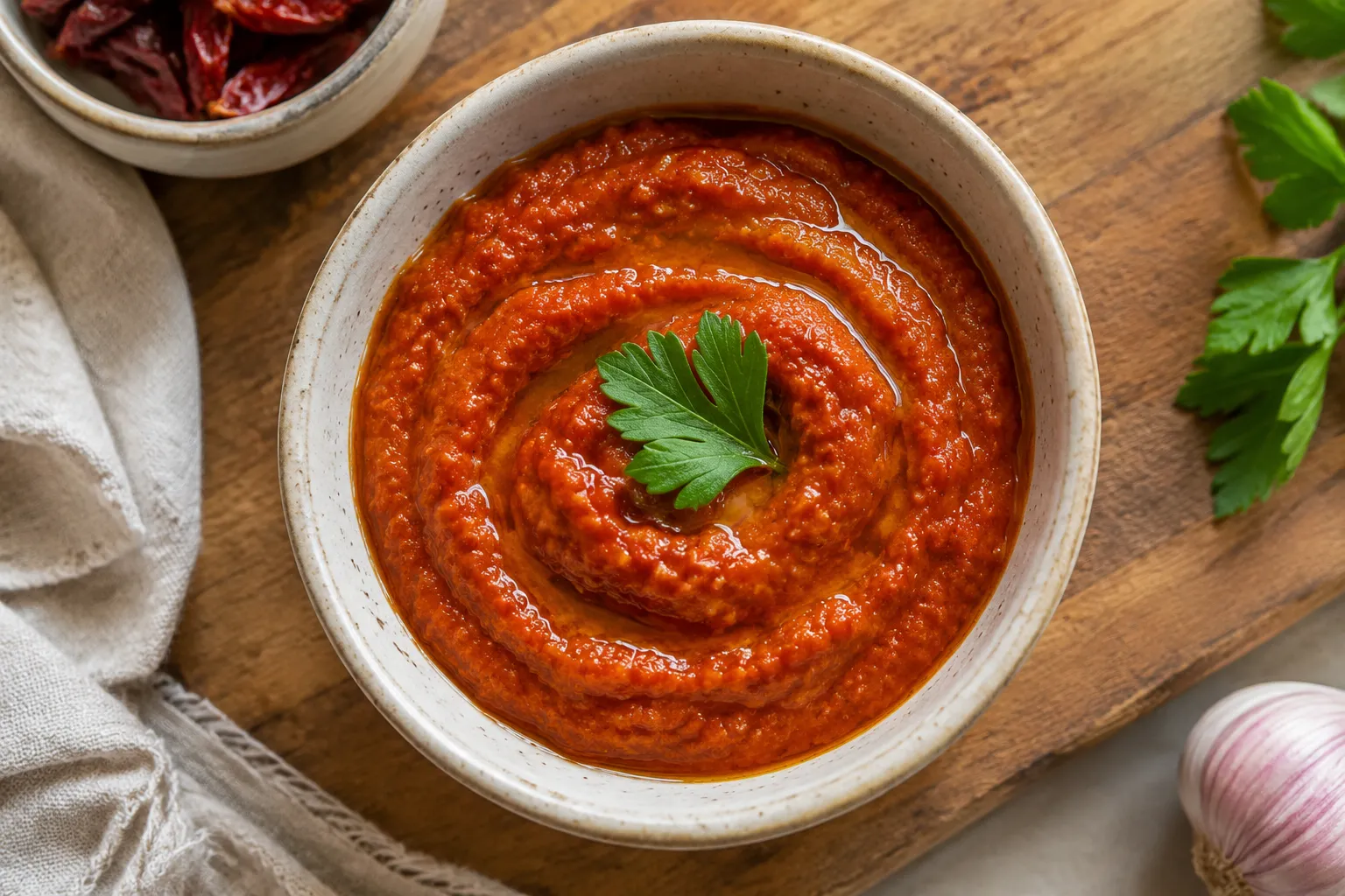 Homemade harissa sauce finished in a ceramic bowl