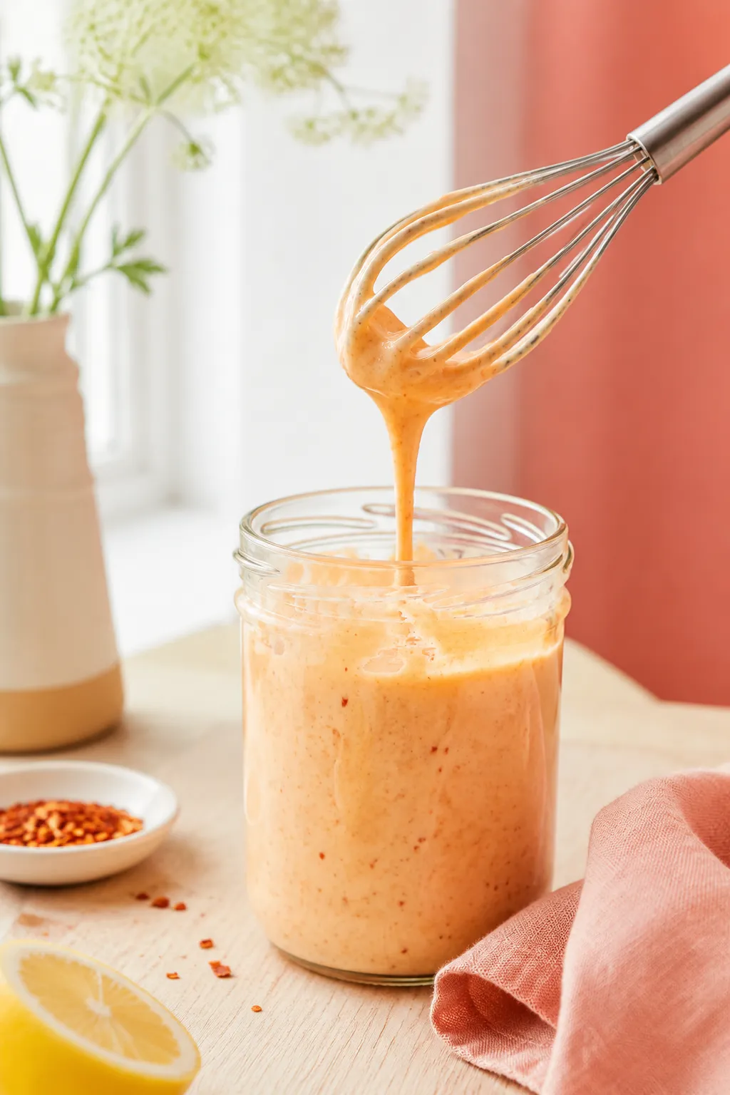 Easy harissa dressing being whisked in a glass jar