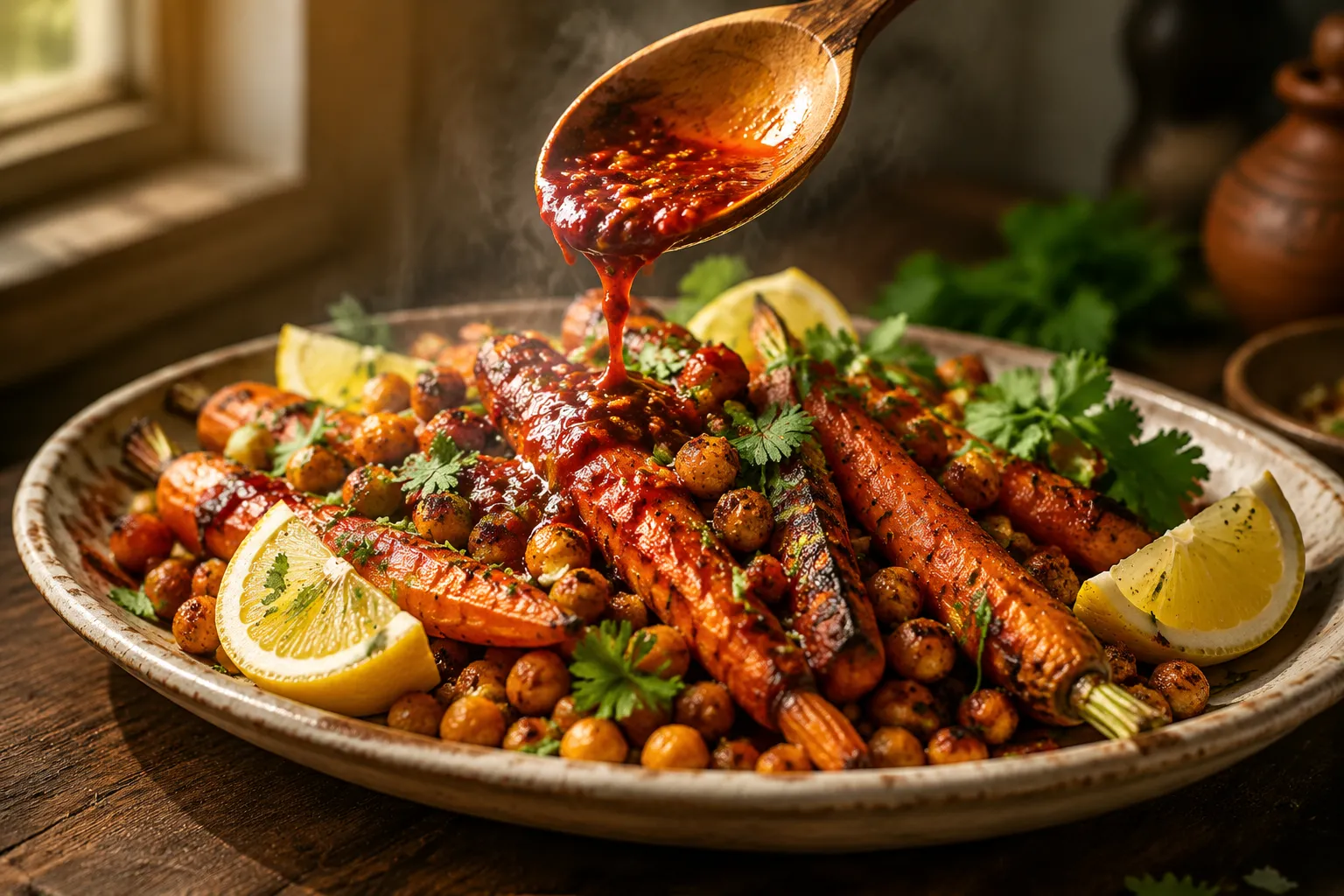 Harissa sauce drizzled over roasted carrots and chickpeas