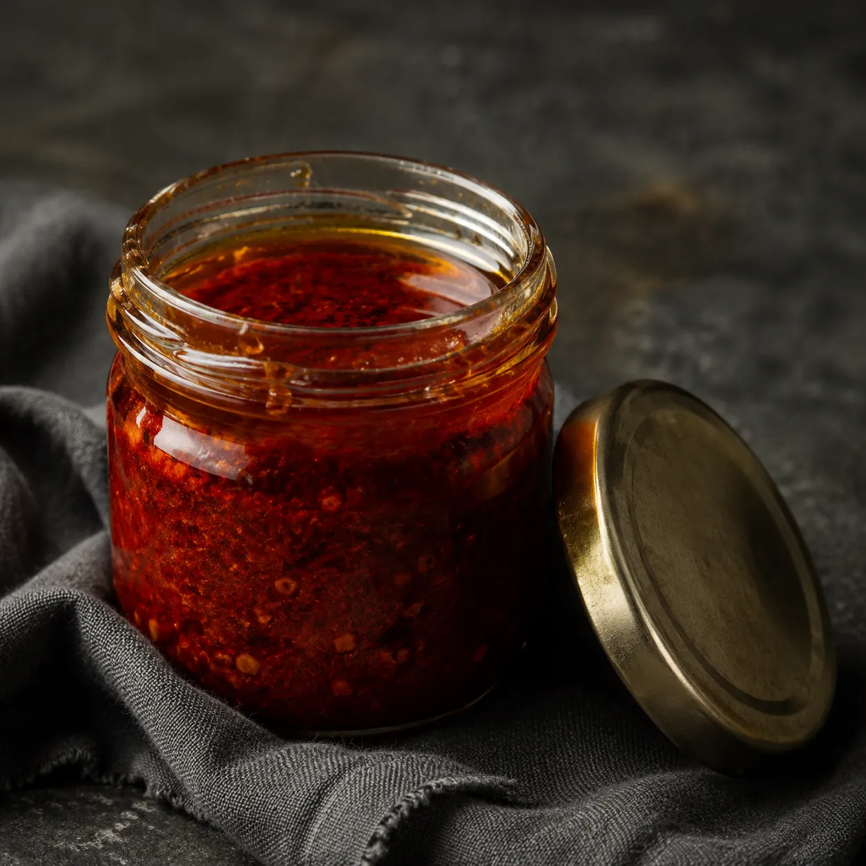 Storing homemade harissa paste in a glass jar with olive oil