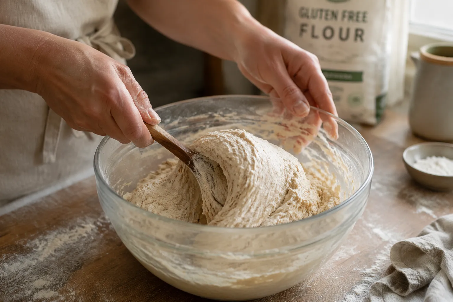 Mixing gluten free naan dough with yogurt and flour in a glass bowl