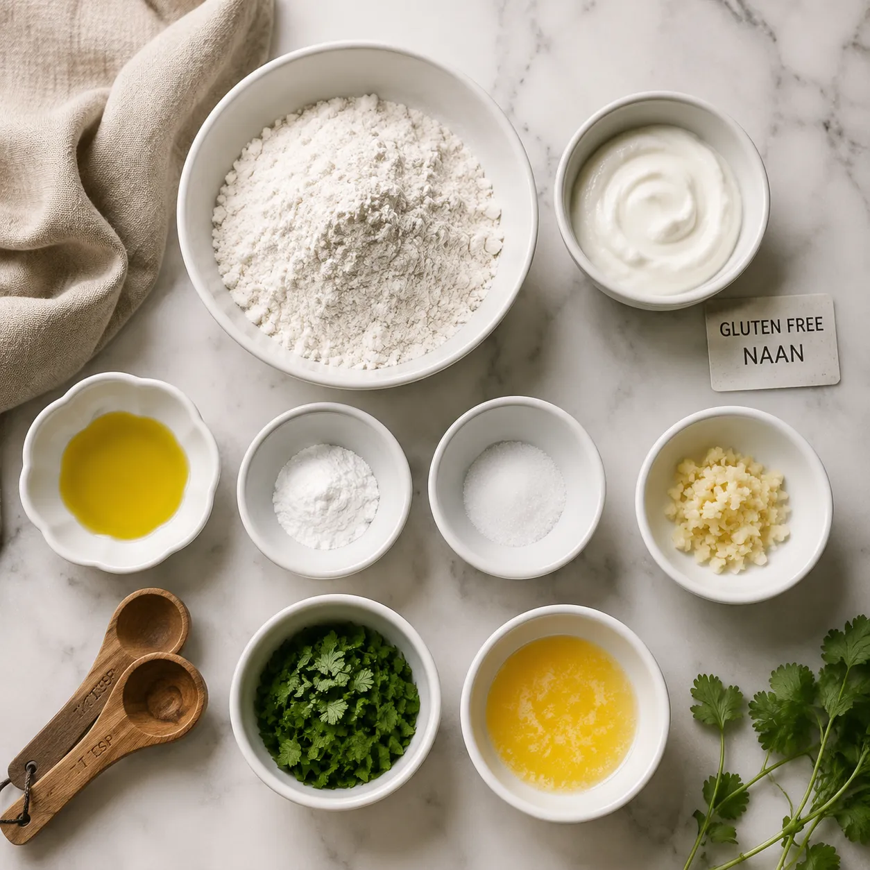Gluten free naan bread ingredients flatlay with flour yogurt and garlic