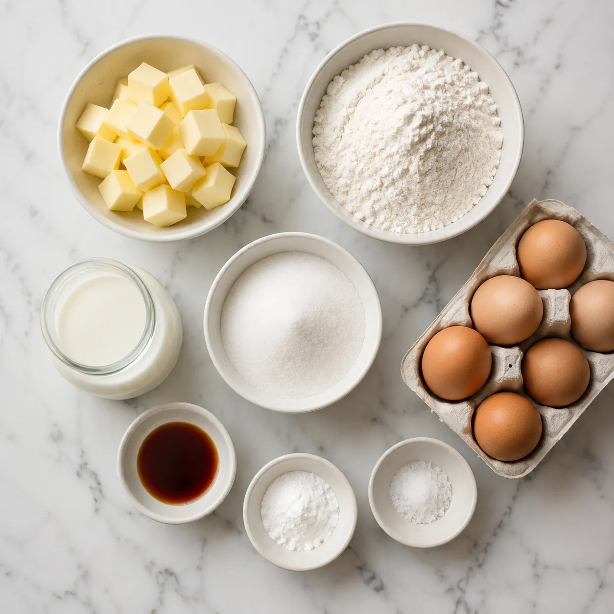 Butter cake recipe ingredients flatlay on marble counter