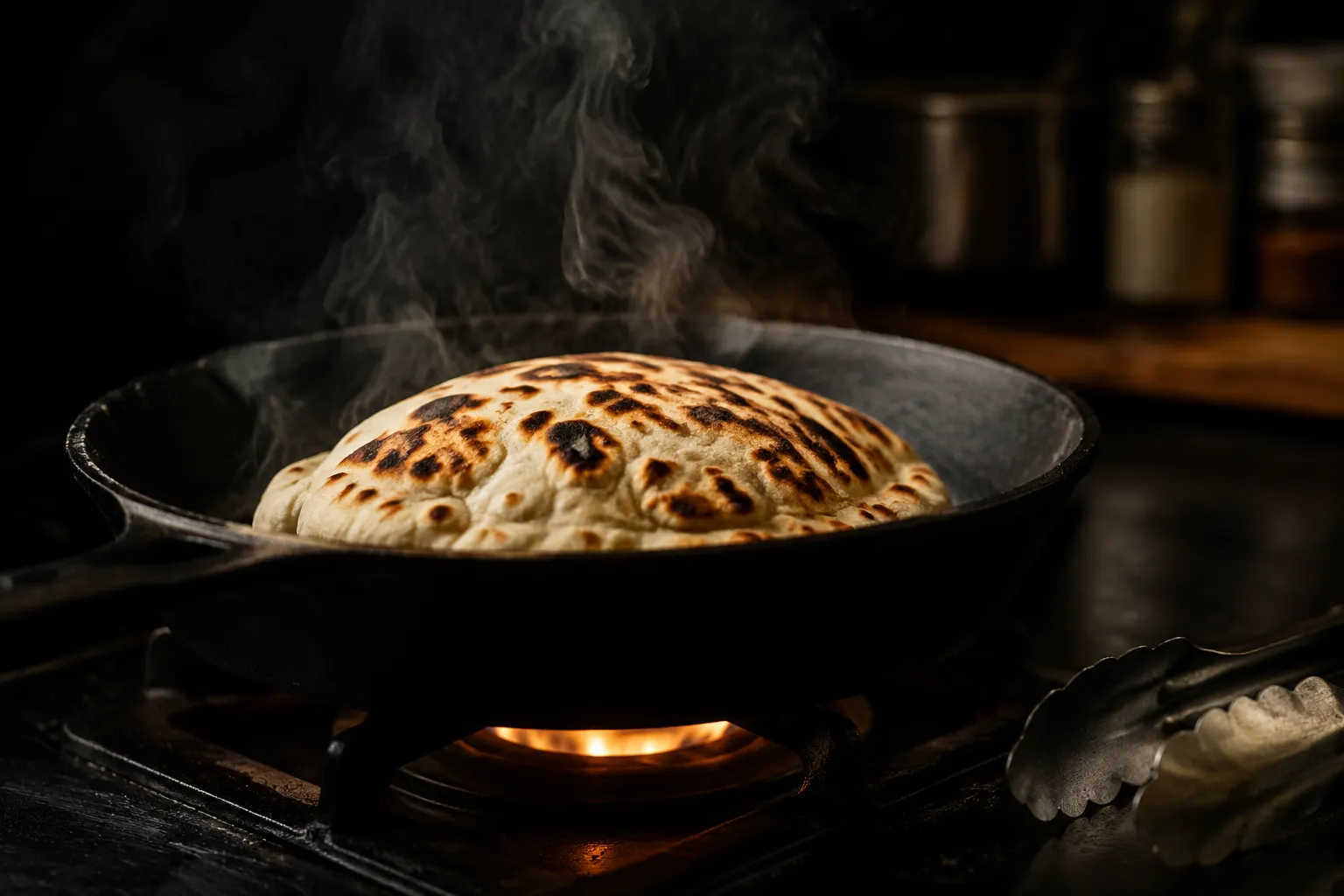 Gluten free naan cooking and bubbling in a hot cast-iron skillet