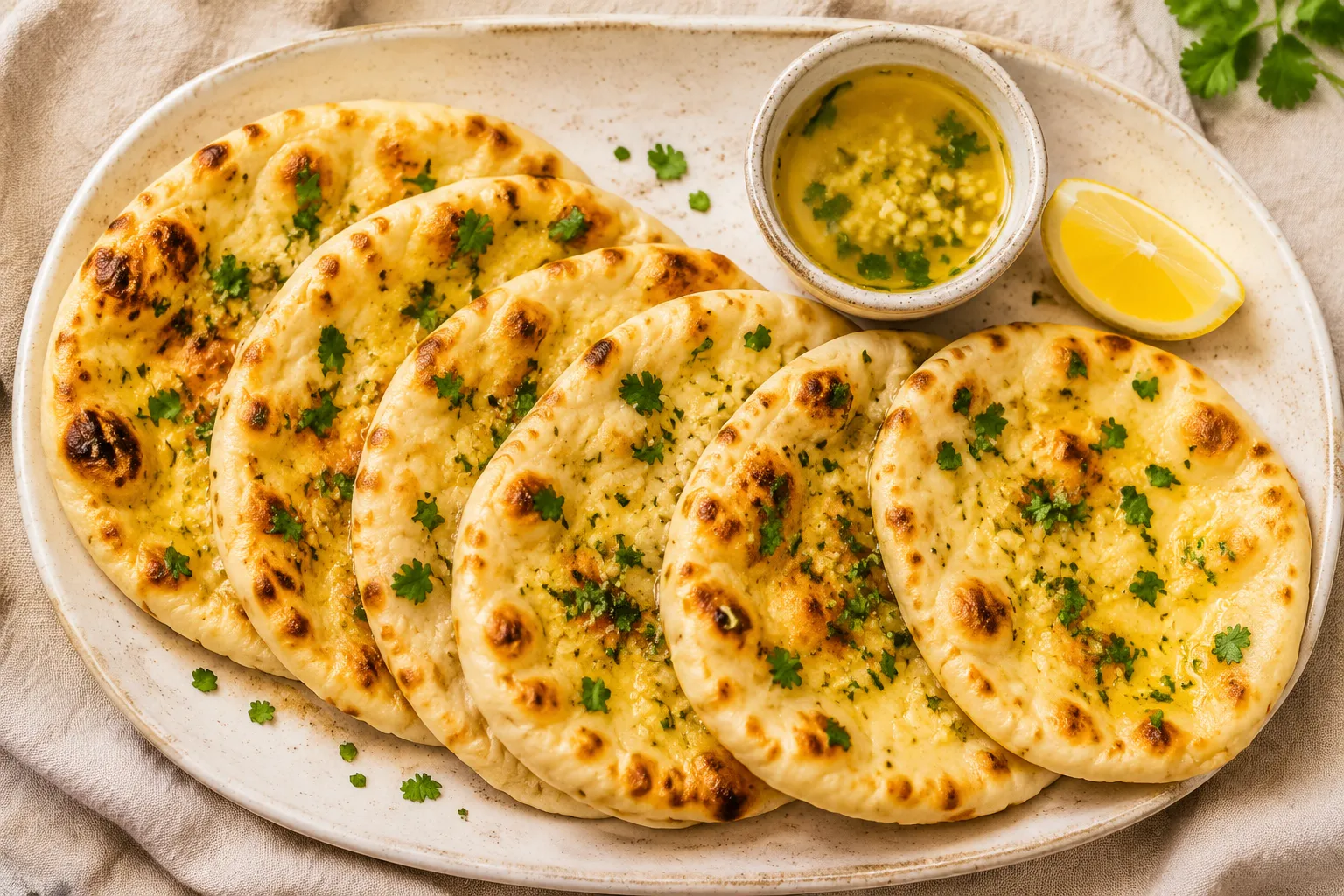 Finished gluten free naan bread platter with garlic butter and cilantro