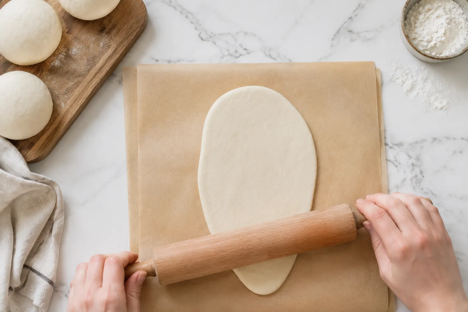 Rolling out gluten free naan dough between parchment paper sheets