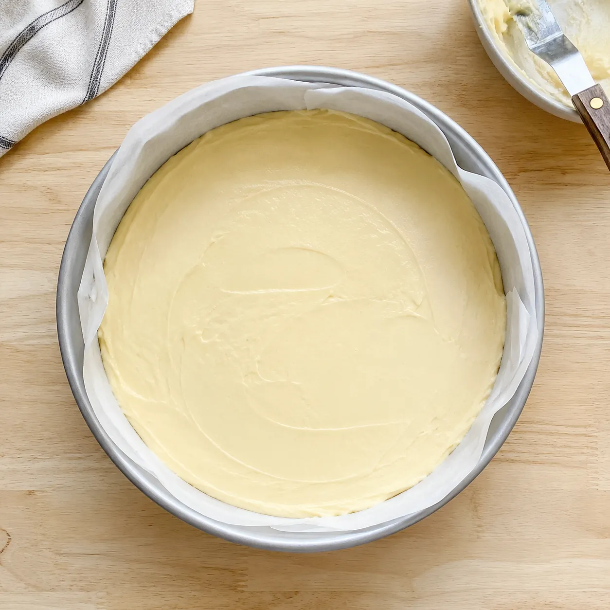 Butter cake batter in pan ready to bake