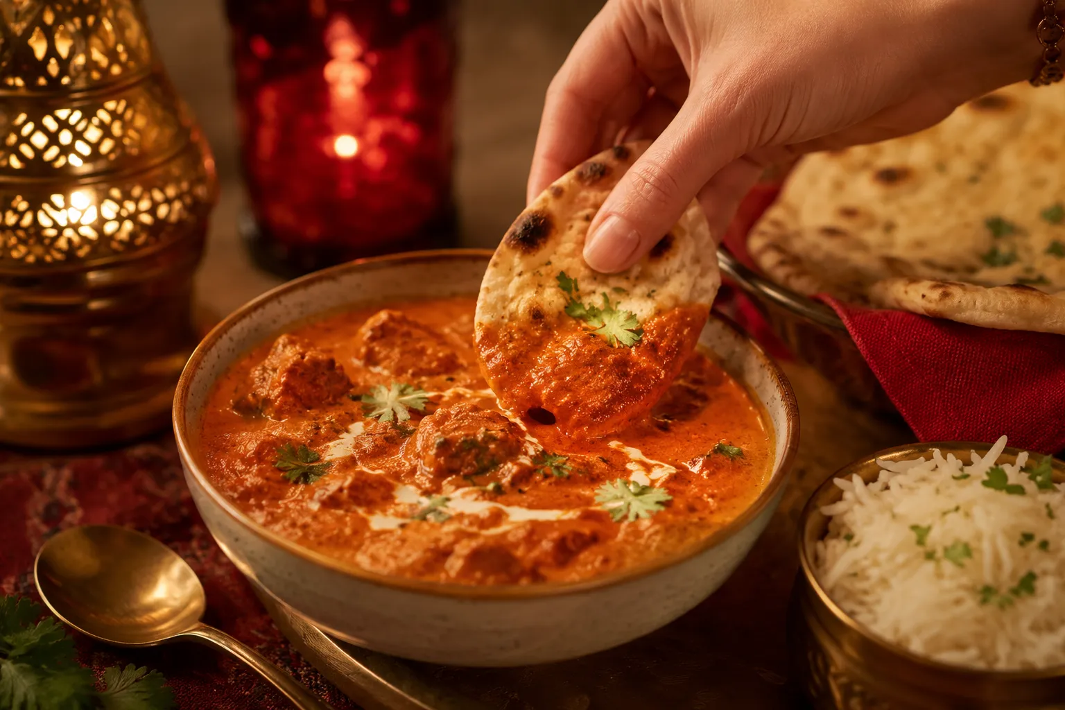 Gluten free naan bread dipped into chicken tikka masala curry