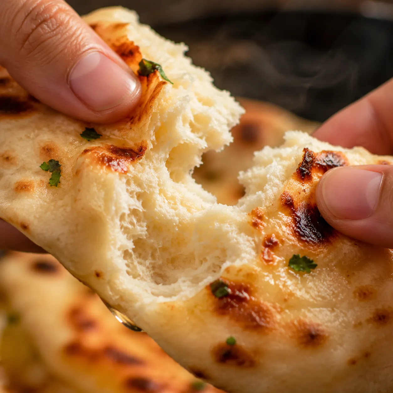 Close-up of torn gluten free naan showing soft fluffy interior