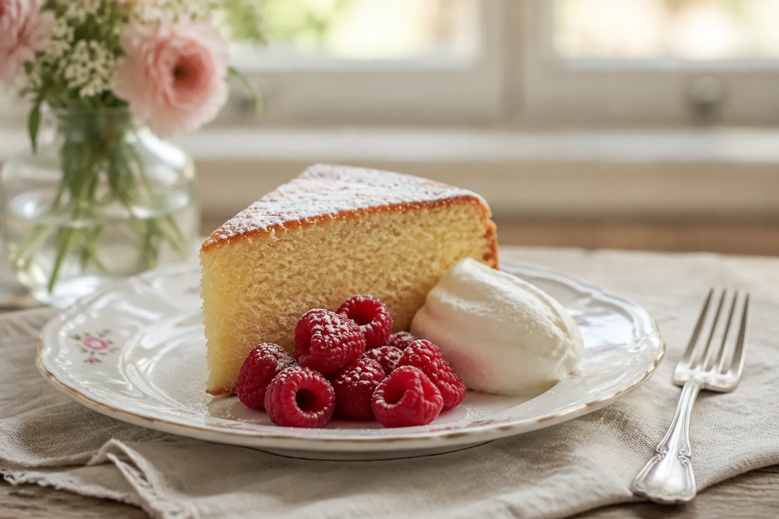 Butter cake slice served with berries and whipped cream