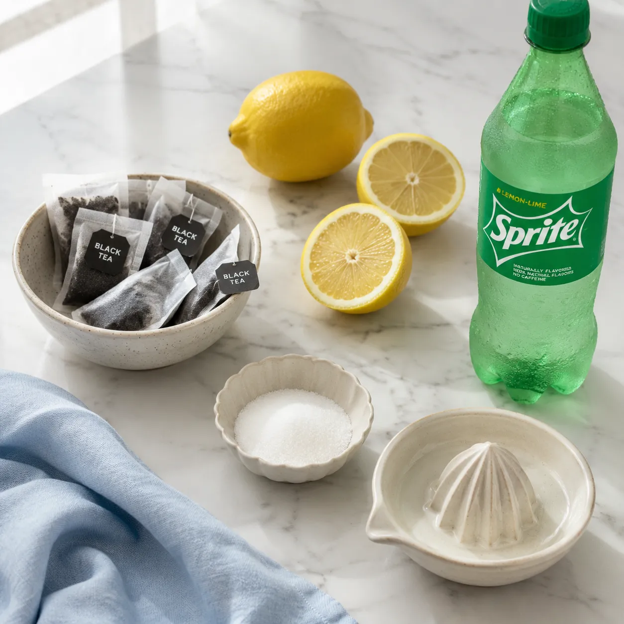 Sprite tea ingredients flatlay with tea bags, lemons, sugar, and Sprite