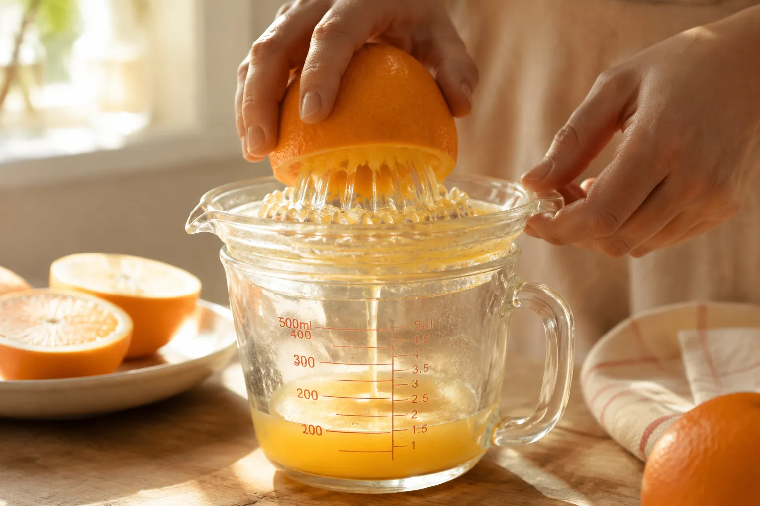 Squeezing fresh orange juice for a screwdriver cocktail