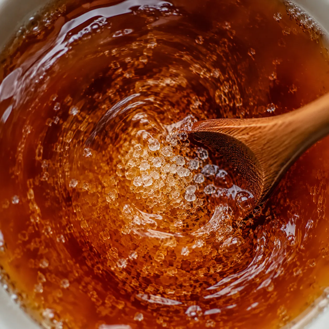Stirring sugar into hot tea base for homemade sprite tea