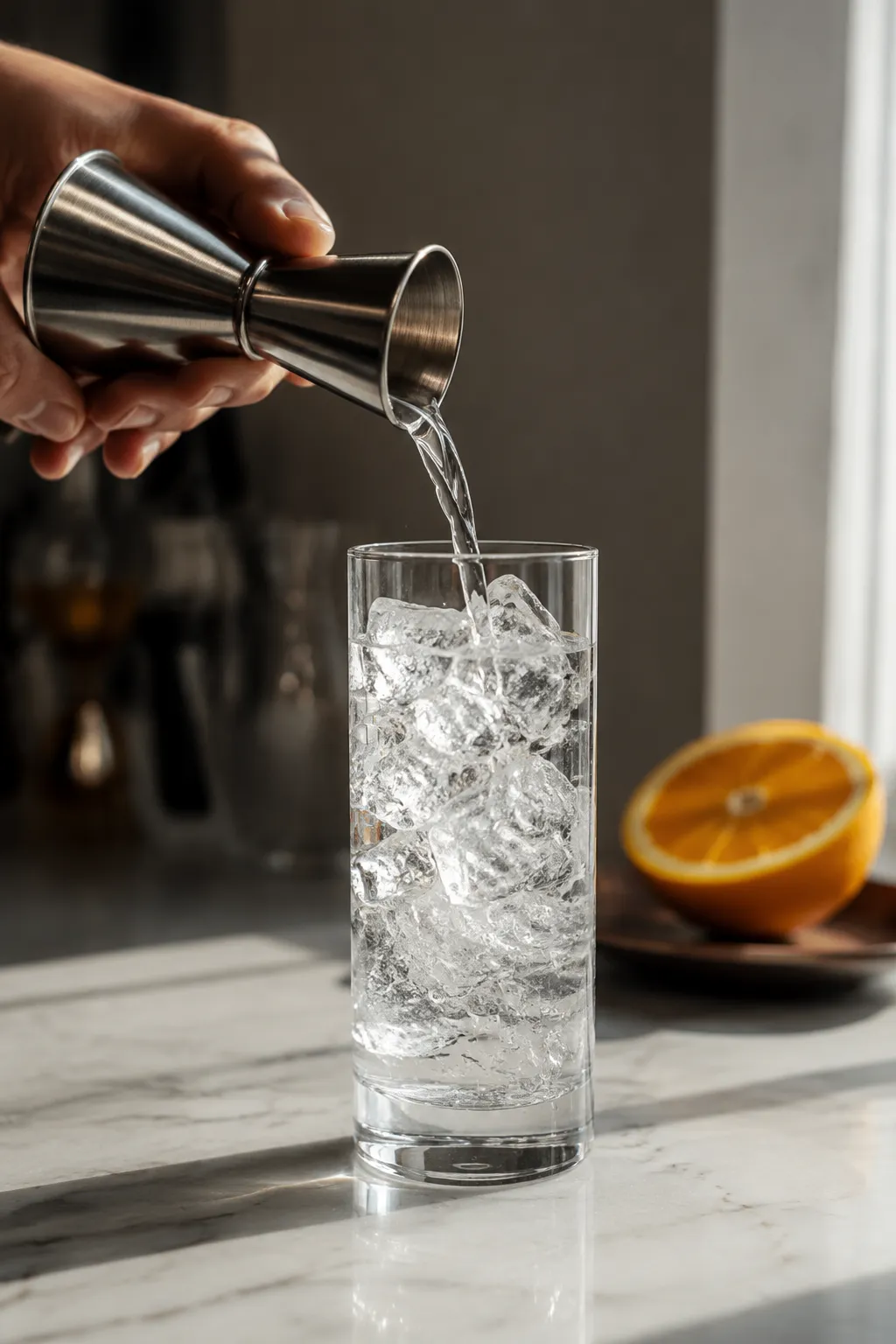 Pouring vodka into a highball glass over ice for a screwdriver