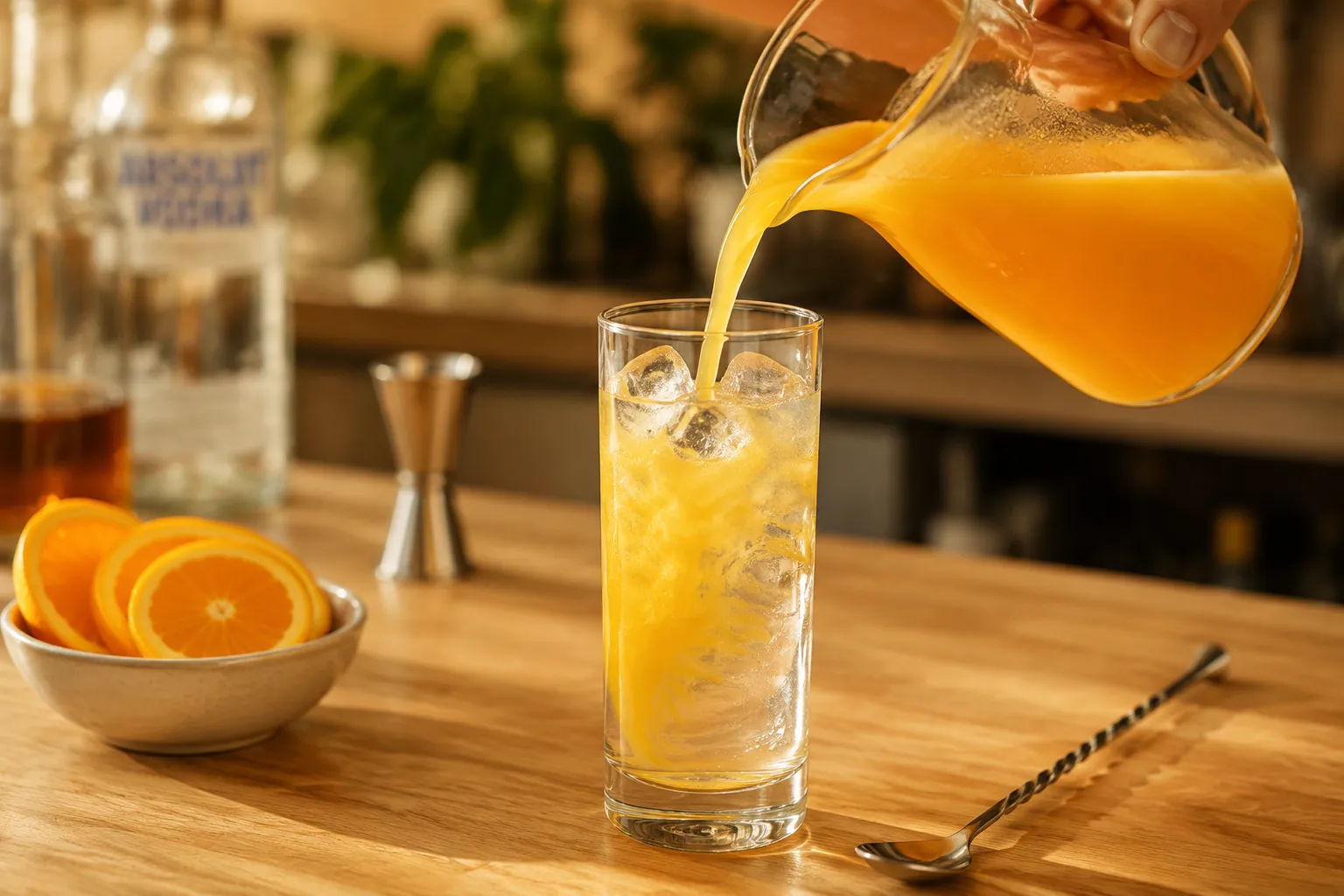 Pouring fresh orange juice into vodka for a classic screwdriver drink