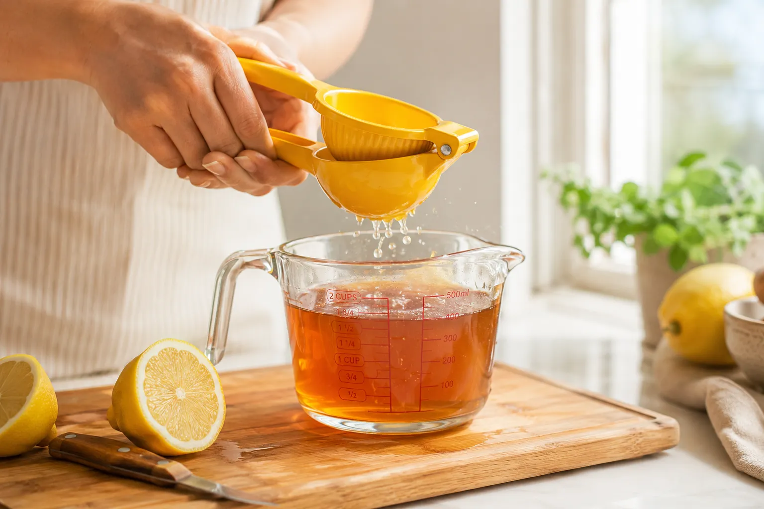 Squeezing fresh lemon juice into iced tea base for sprite tea