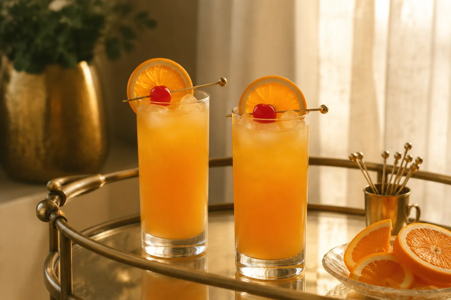 Two finished screwdriver cocktails on a brass bar cart with orange garnish