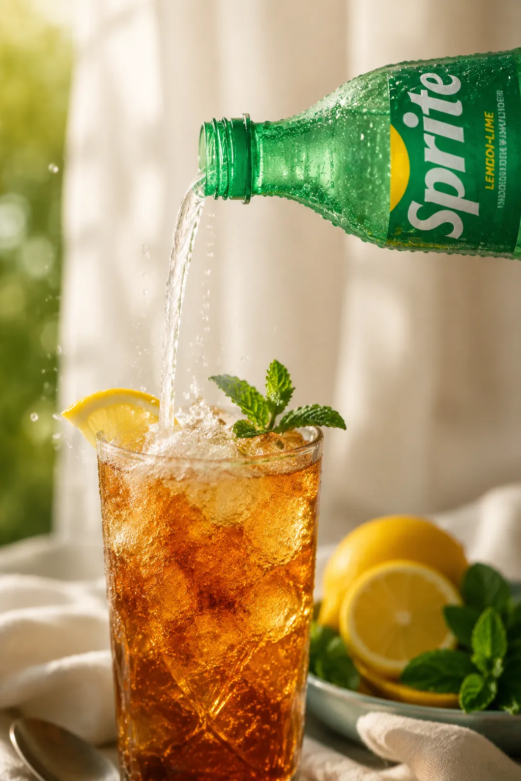 Pouring Sprite over sweet tea and ice to make sprite tea