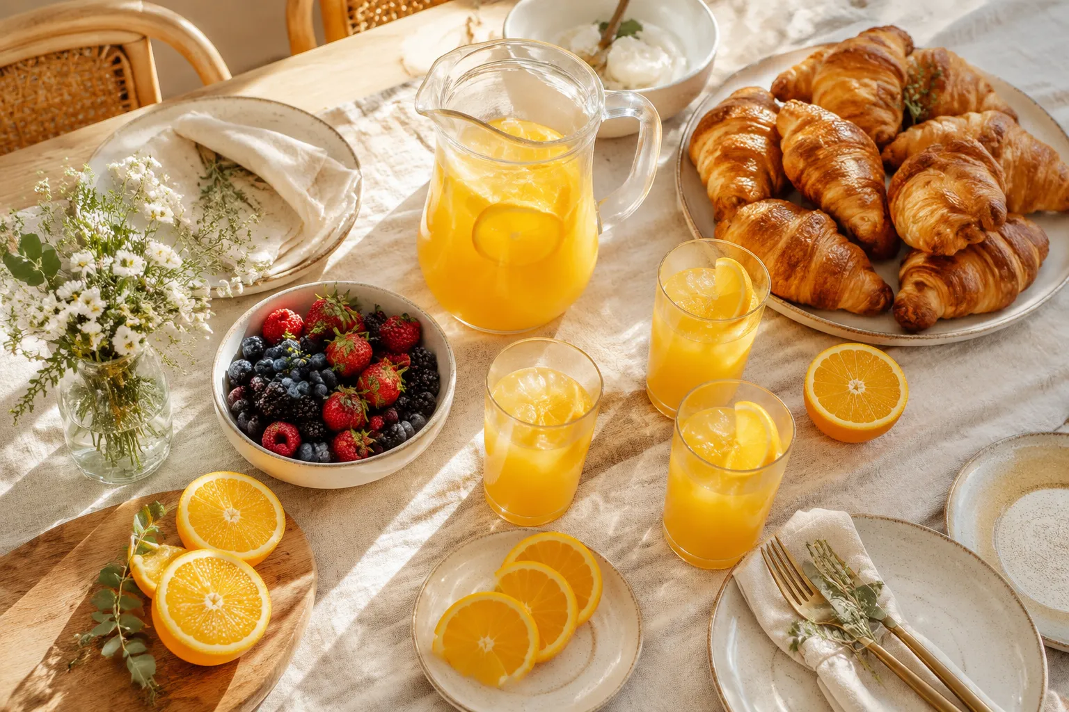 Screwdriver drink pitcher served at a sunny brunch table