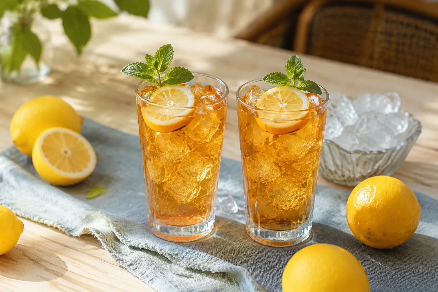 Two glasses of finished sprite tea garnished with lemon and mint