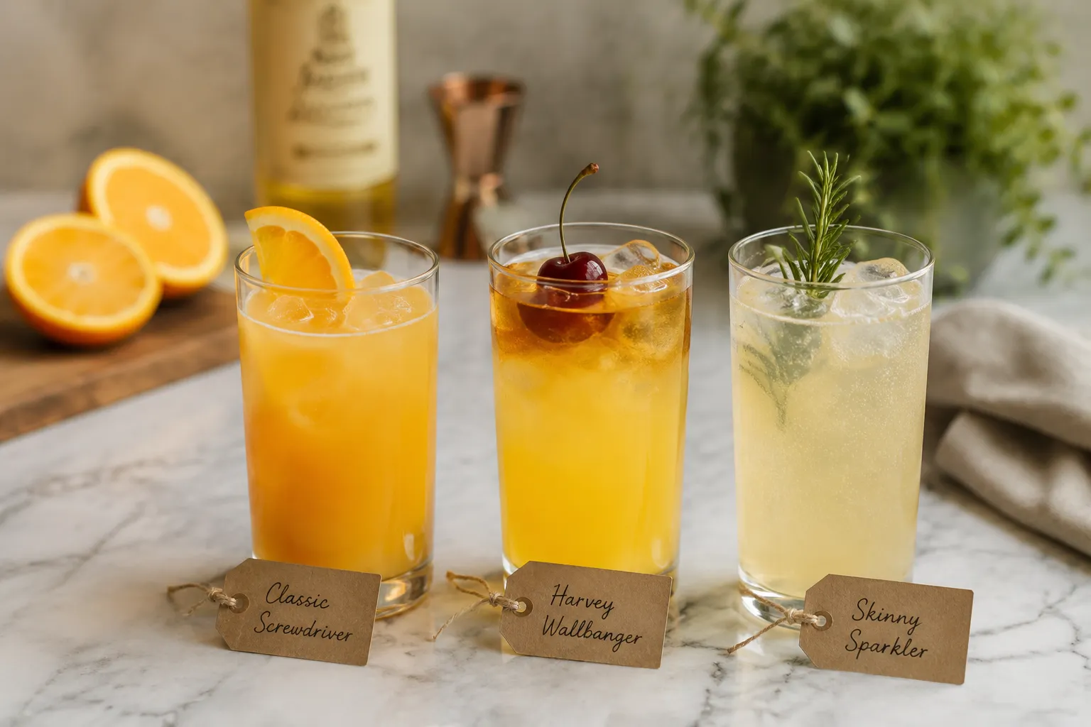 Three screwdriver drink variations including classic, Harvey Wallbanger, and skinny
