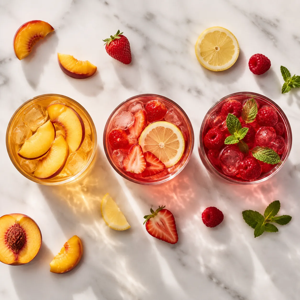 Three sprite tea variations including peach, strawberry, and raspberry