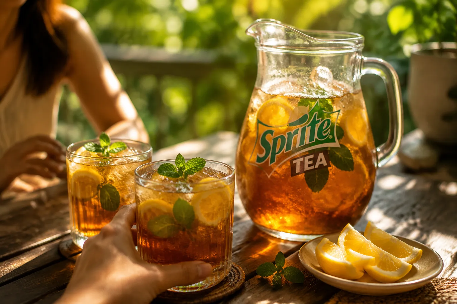 Sprite tea pitcher and glasses served at a summer outdoor gathering