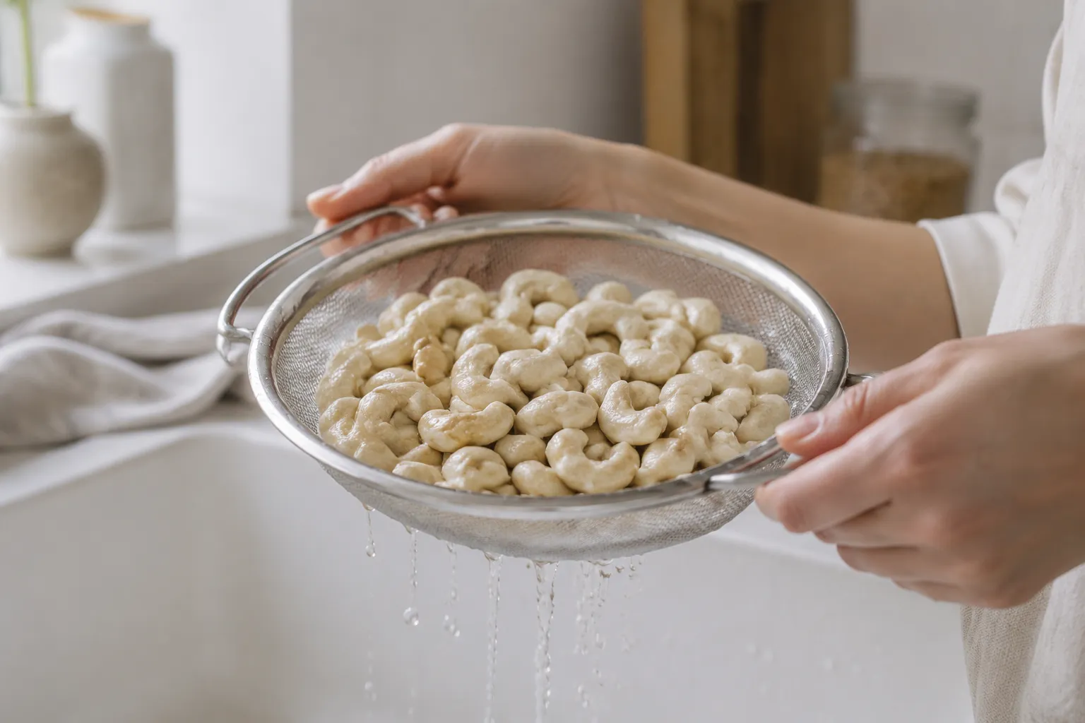 Draining soaked raw cashews for homemade vegan cheese sauce