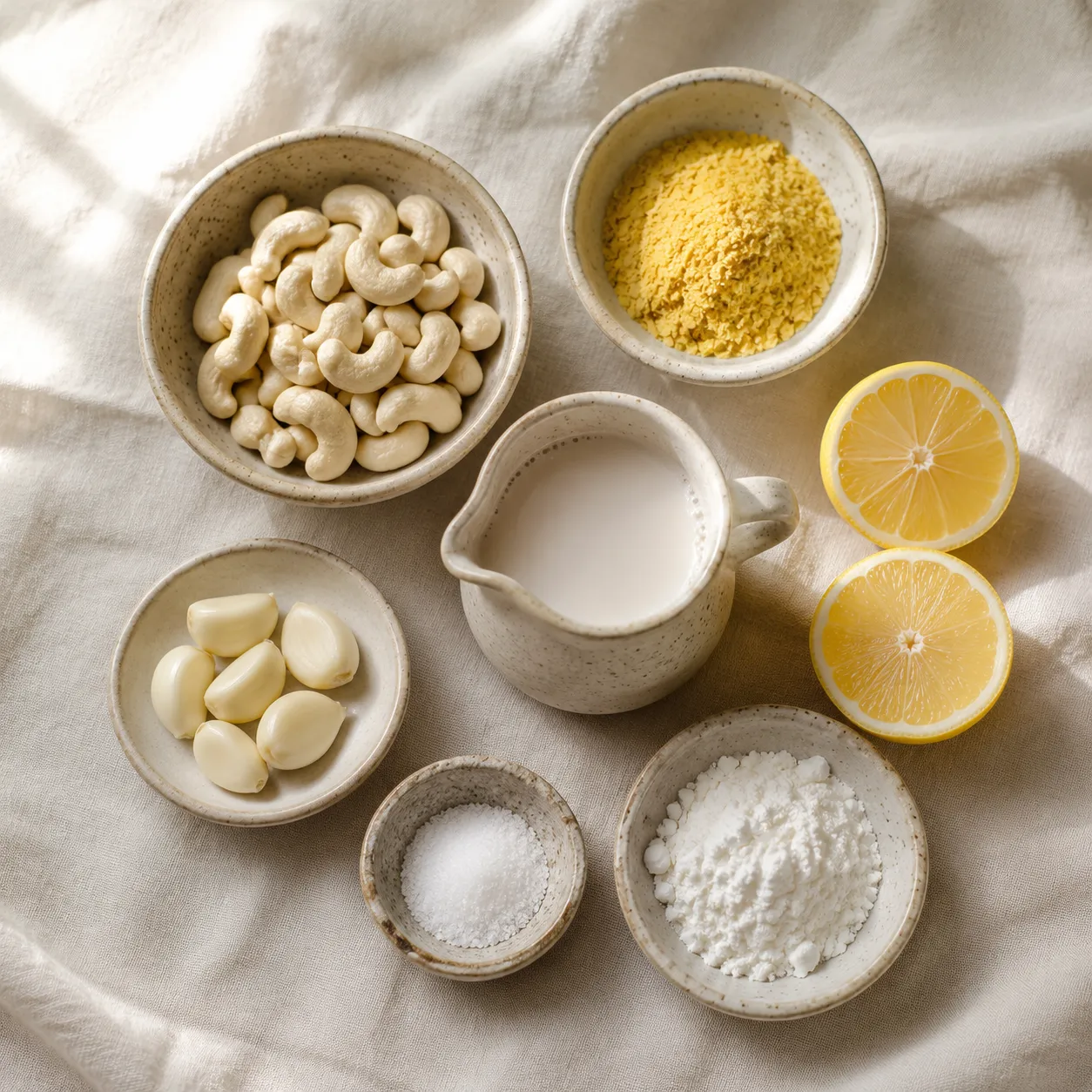 Vegan cheese recipe ingredients including cashews, nutritional yeast, and lemon