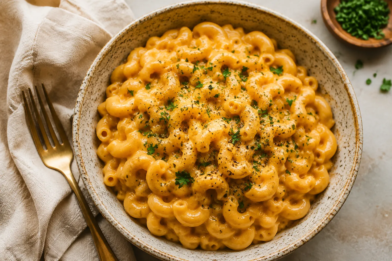 Creamy vegan cheese mac and cheese in a stoneware bowl