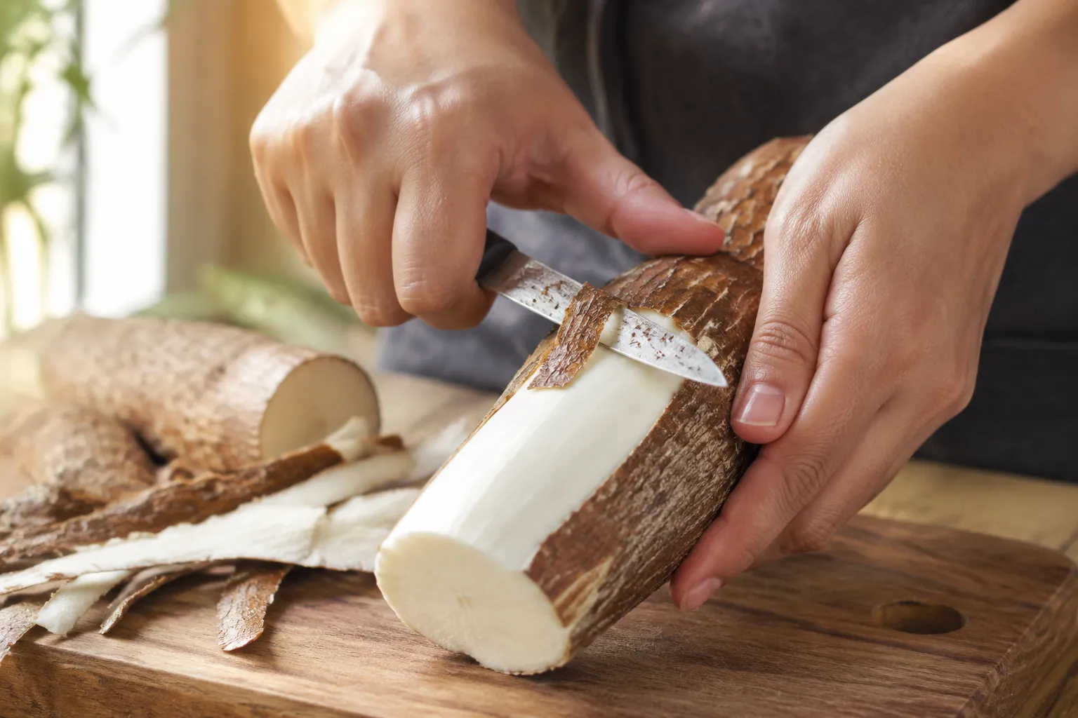 Peeling fresh yuca root before making crispy yuca fries