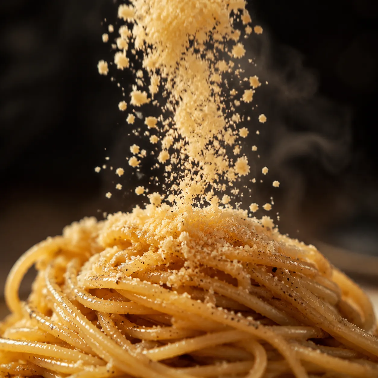 Vegan parmesan cheese sprinkled over pasta close-up