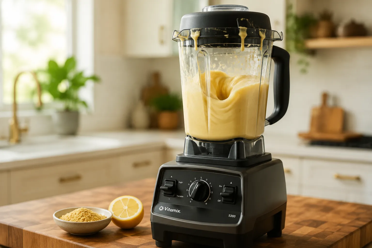 Blending creamy vegan cheese sauce with cashews and nutritional yeast