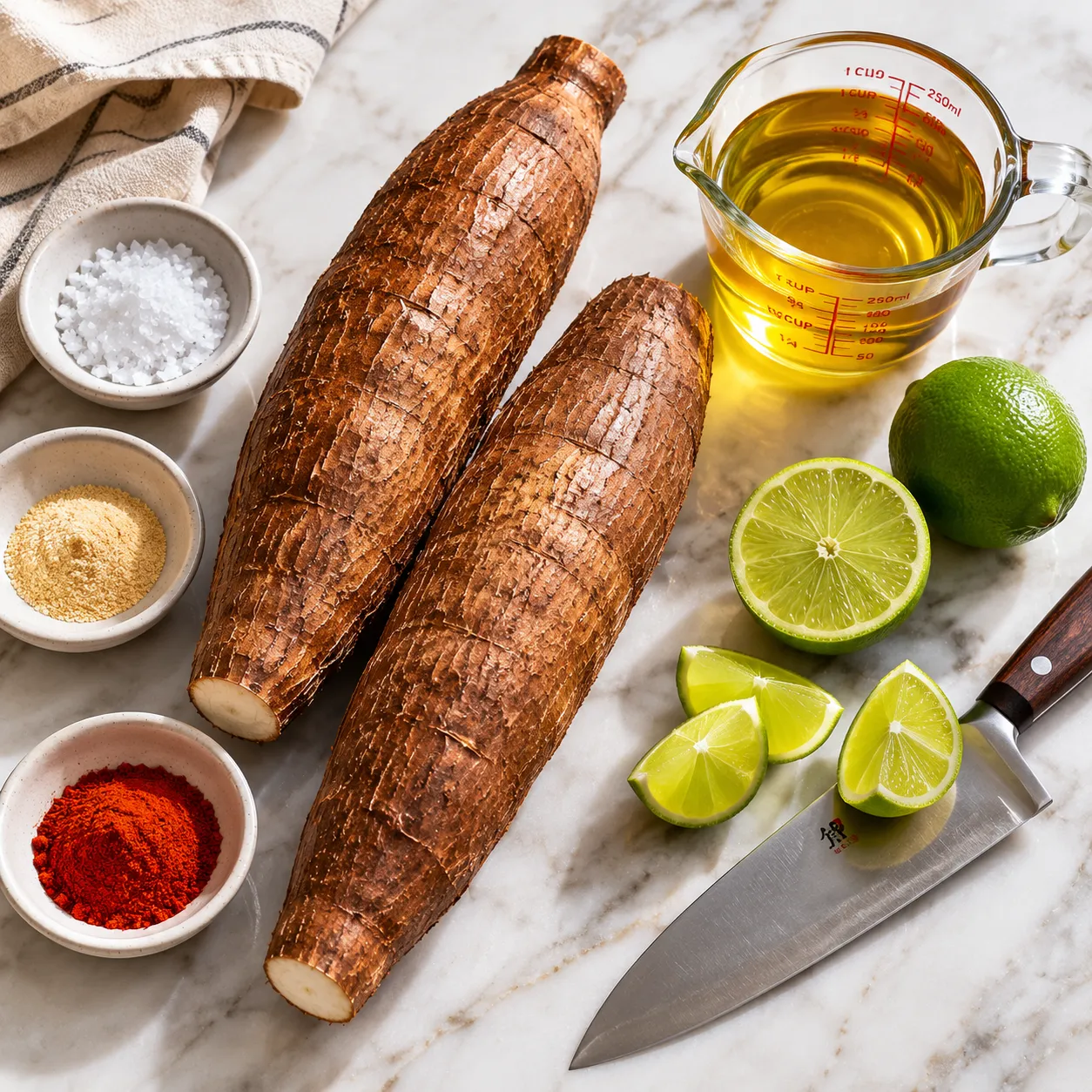 Ingredients for yuca fries including fresh yuca root, oil, and seasonings
