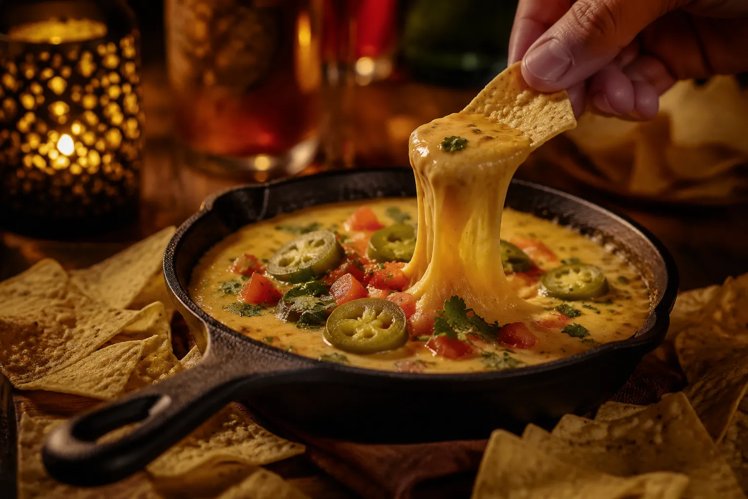 Vegan queso with tortilla chip being dipped into creamy cheese sauce