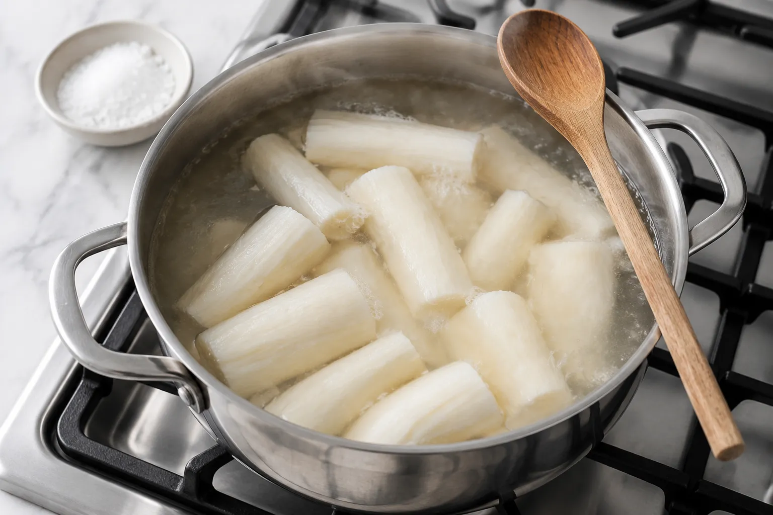 Boiling yuca pieces until fork-tender before frying