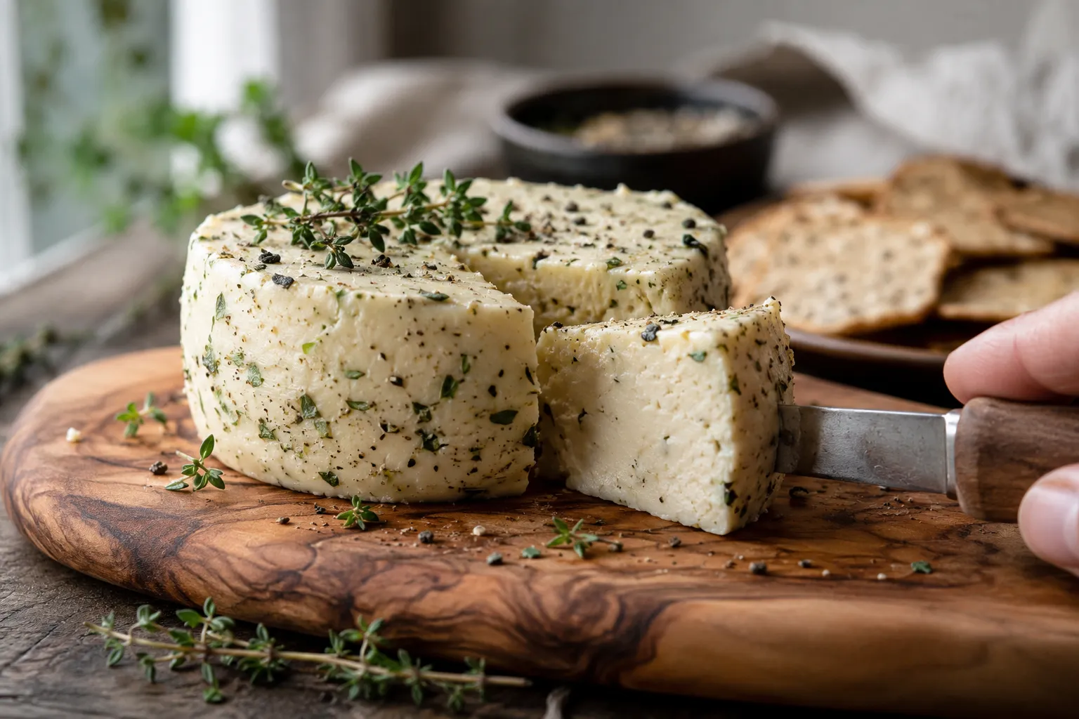 Sliceable garlic herb vegan cashew cheese wedge on a wooden board