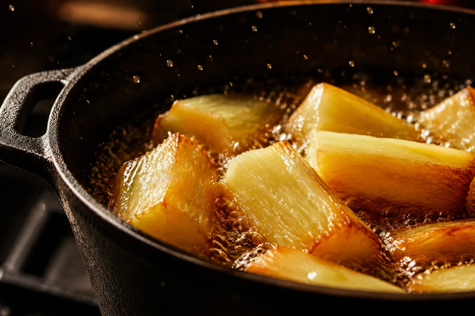 Yuca fries deep frying in oil until crispy and golden brown