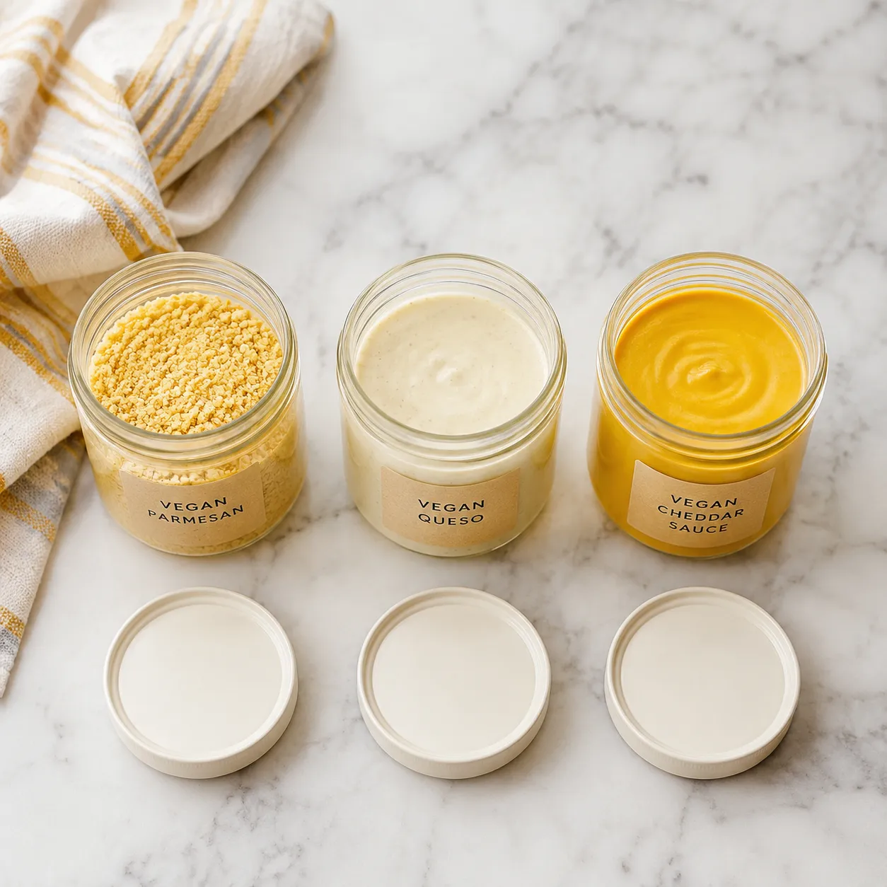 Homemade vegan cheese stored in glass jars for the refrigerator