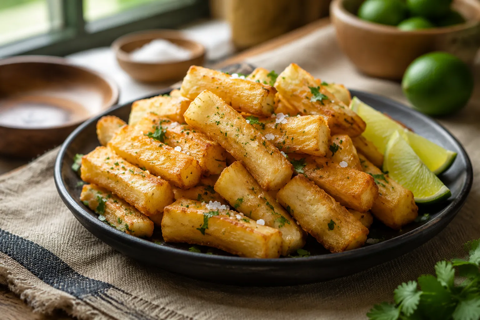 Plated crispy yuca fries garnished with sea salt and cilantro