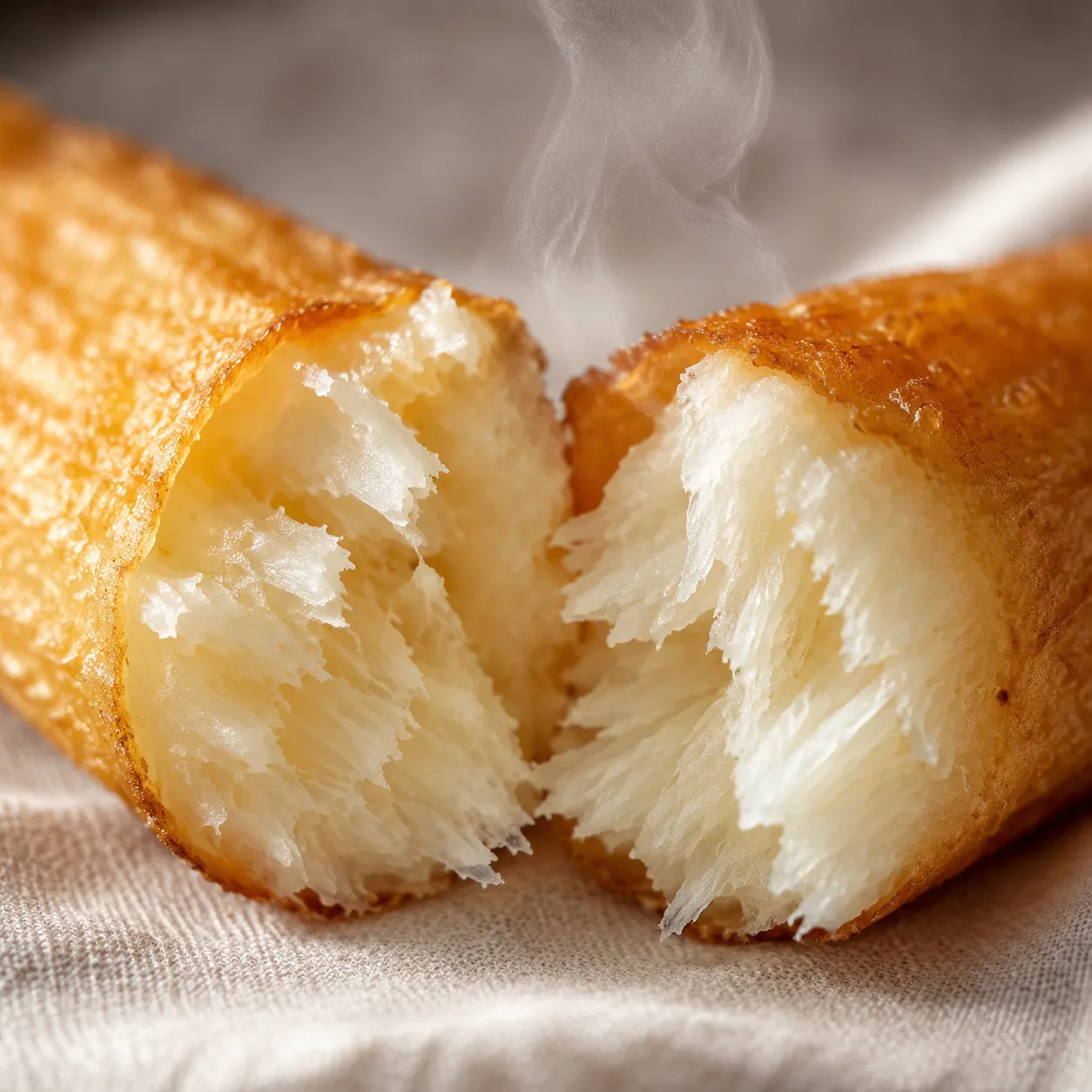 Close-up of crispy yuca fry showing fluffy interior and golden crust