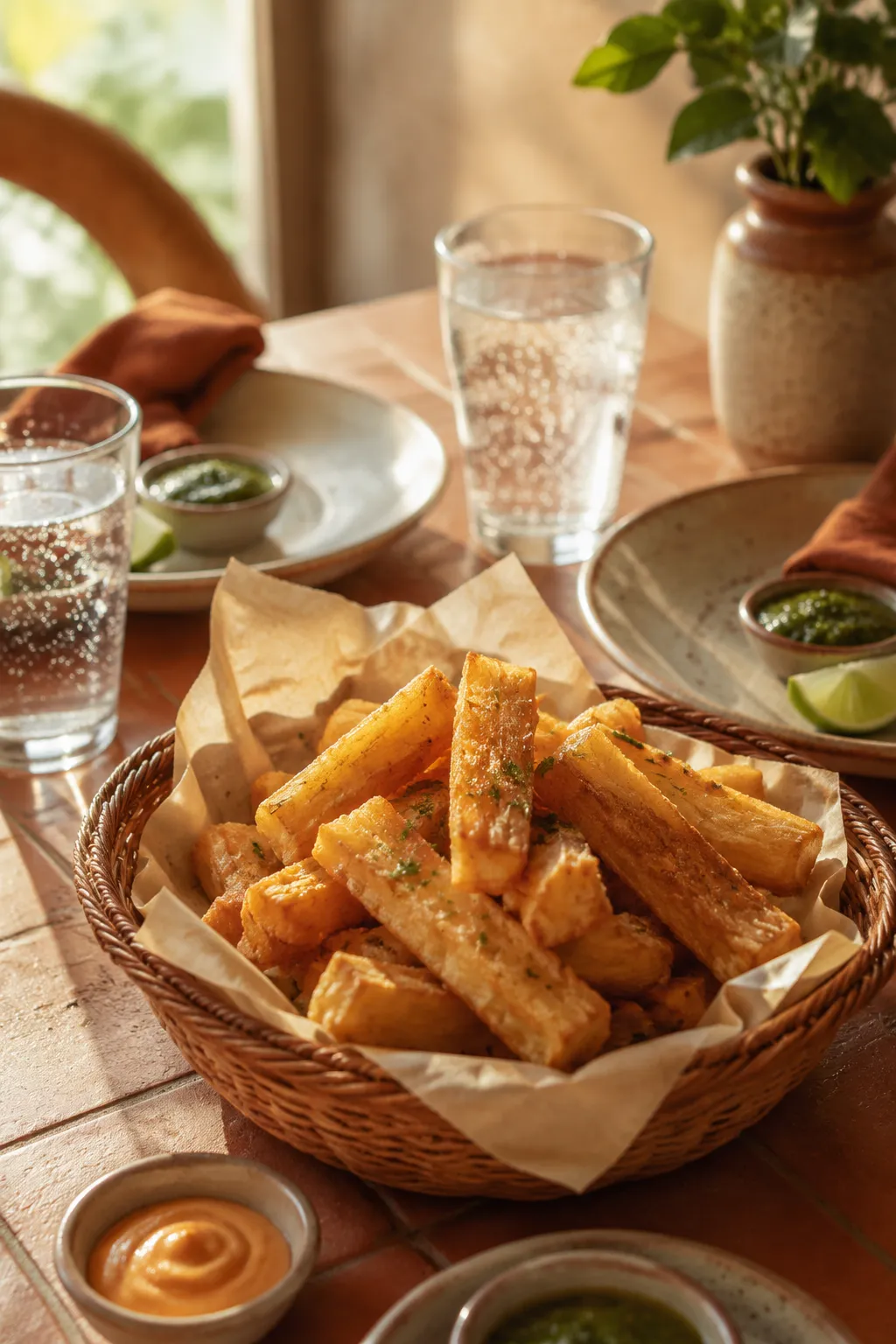 Yuca fries served as a shareable appetizer at a casual dinner table