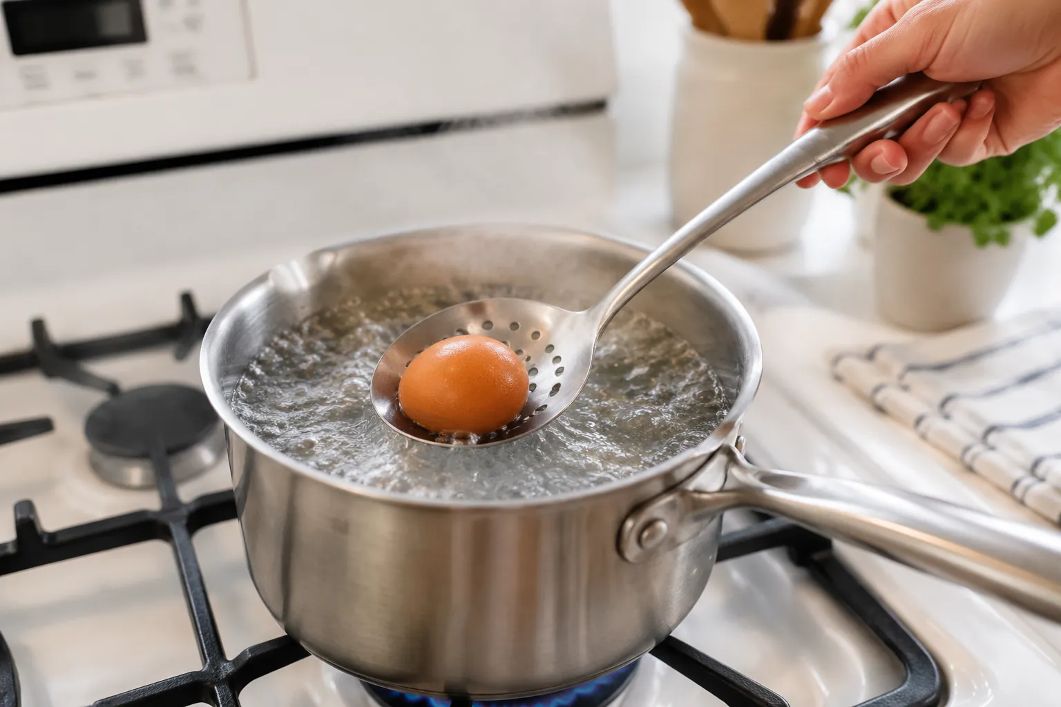 Lowering eggs into boiling water for perfect jammy eggs