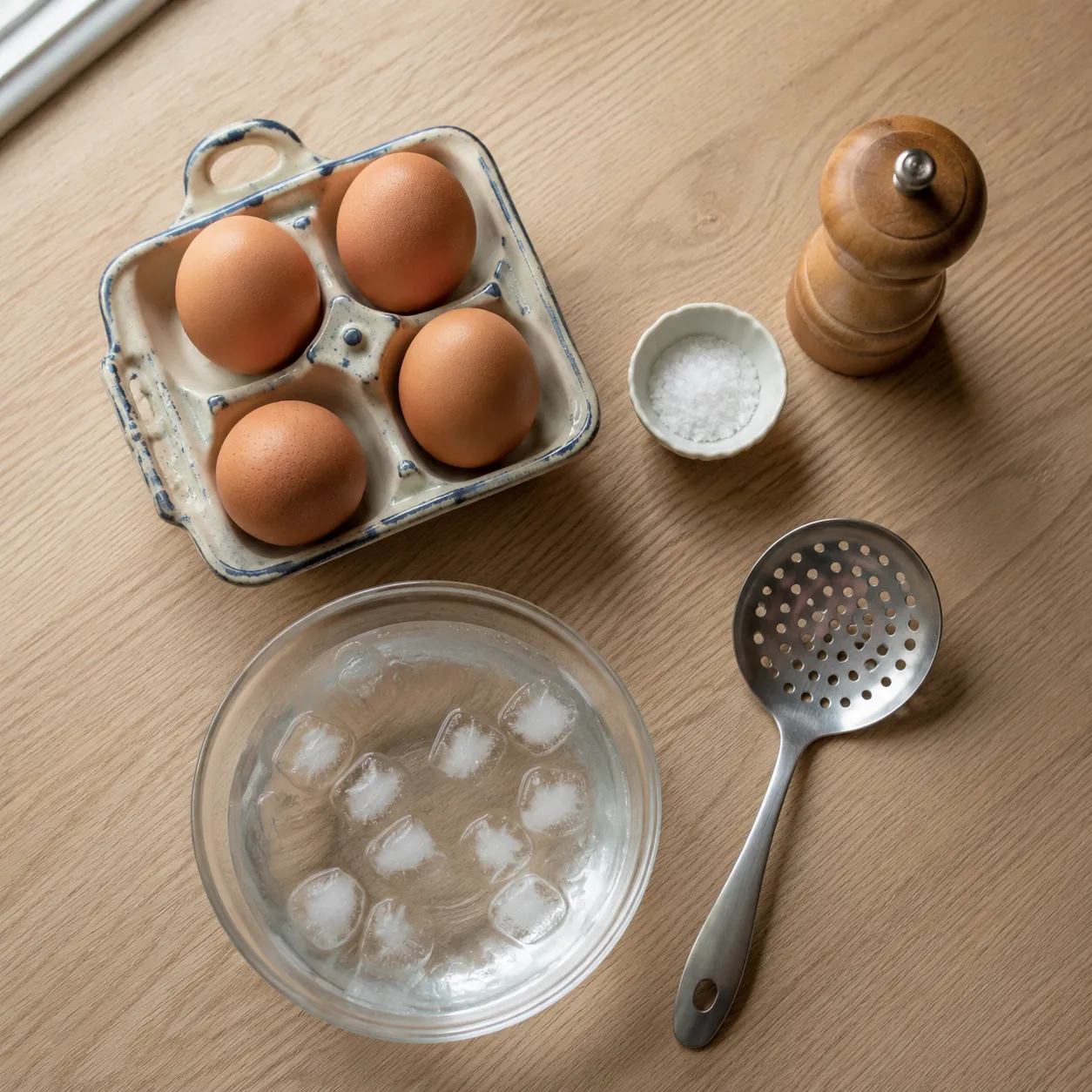 Ingredients for jammy eggs recipe flatlay with brown eggs and salt