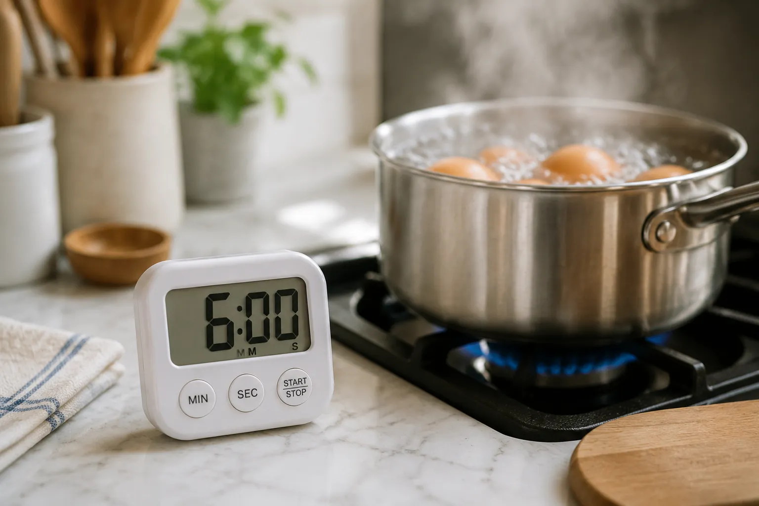 Jammy egg time set for 6 minutes on a kitchen timer