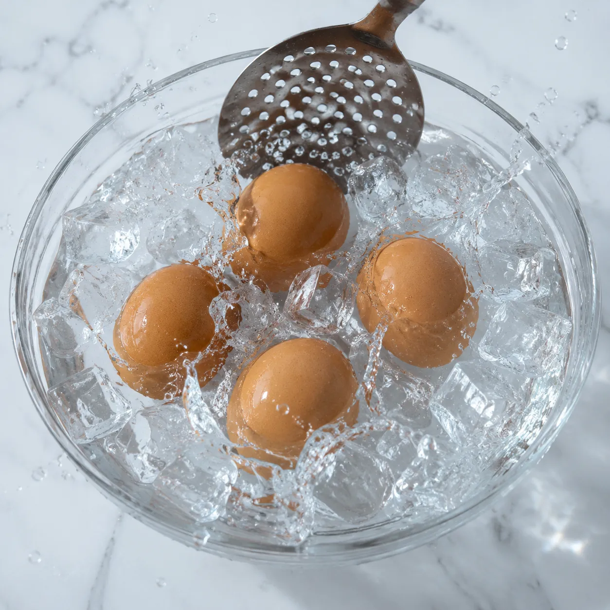 Shocking jammy eggs in an ice bath to stop the cooking