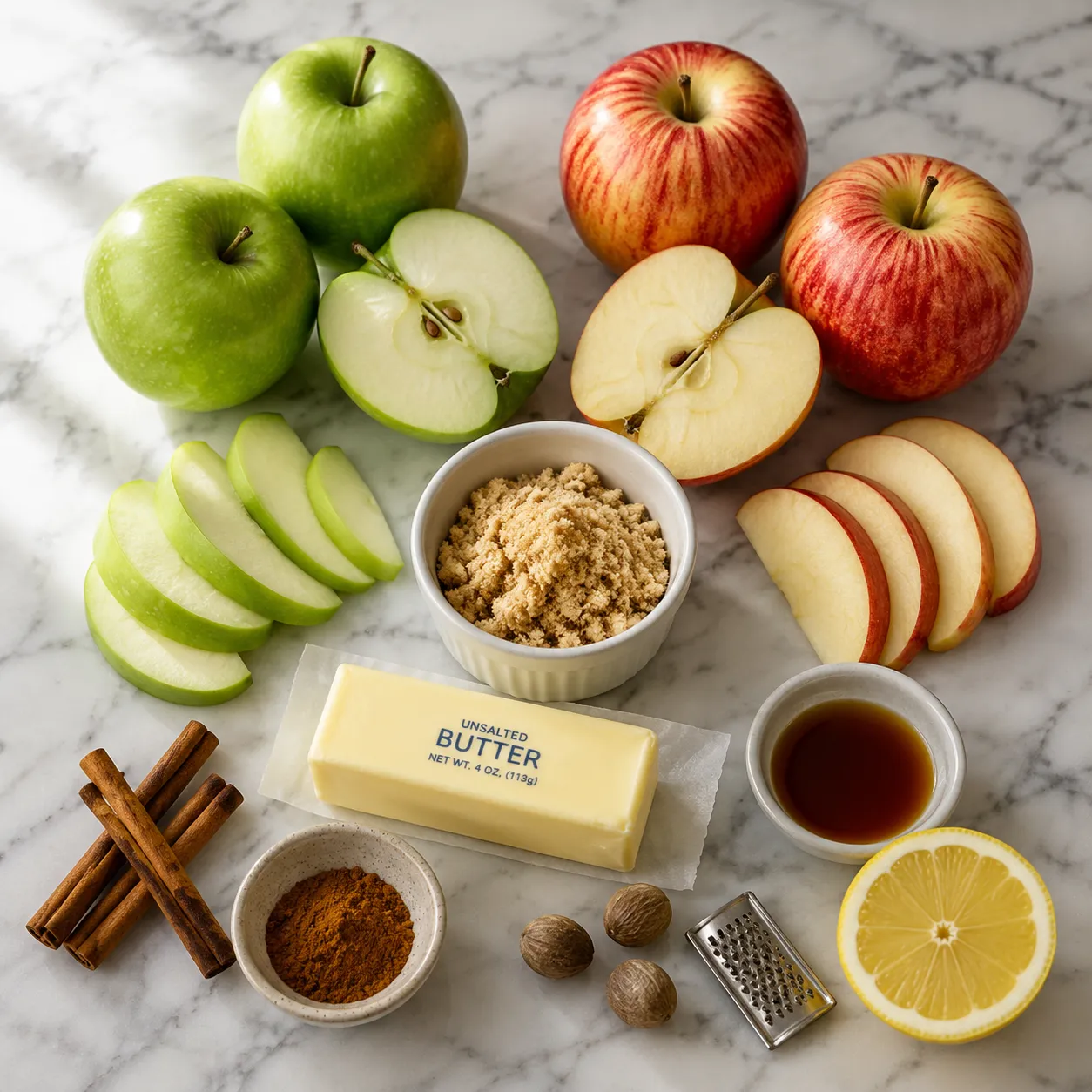 Ingredients for fried apples recipe on a marble counter
